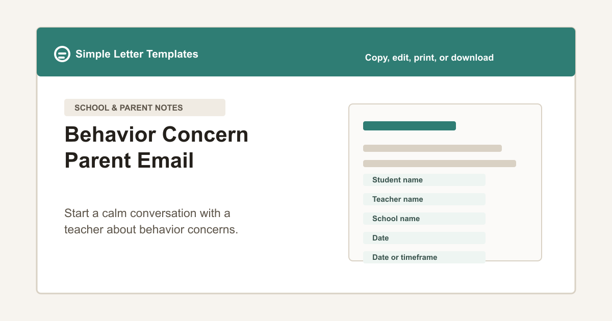 Behavior Concern Parent Email template preview with student name, behavior concern, date range, and requested next step fields