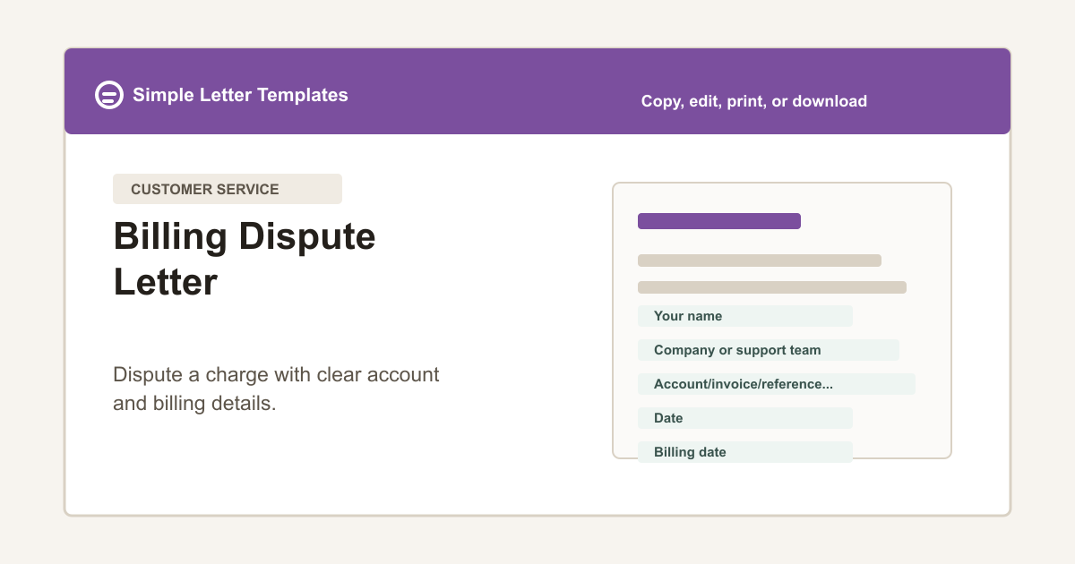 Billing Dispute Letter template preview with account number, billing date, charge issue, requested correction, and contact fields