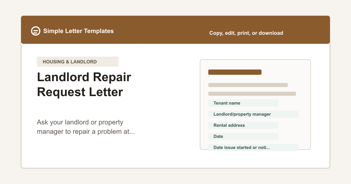 Landlord Repair Request Letter template preview with rental address, repair issue, timeline, and tenant contact fields