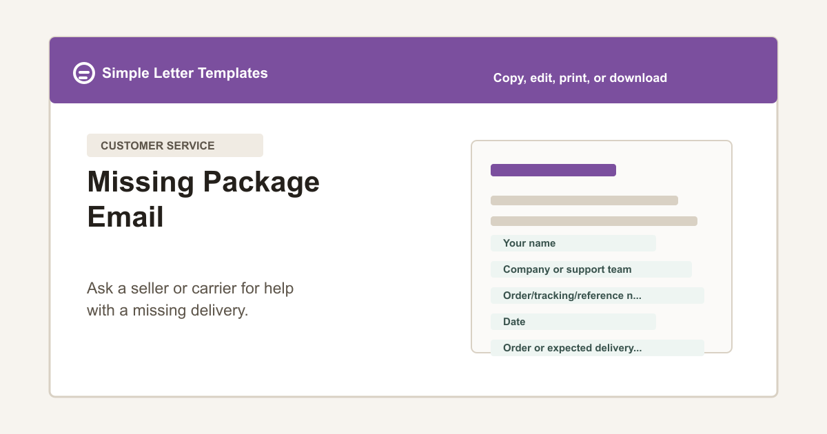 Missing Package Email template preview with order number, tracking detail, delivery issue, requested help, and contact fields