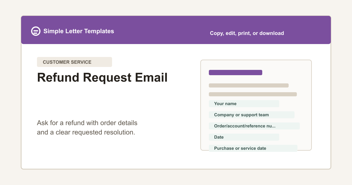 Refund Request Email template preview with order number, purchase date, problem, requested refund, and contact fields