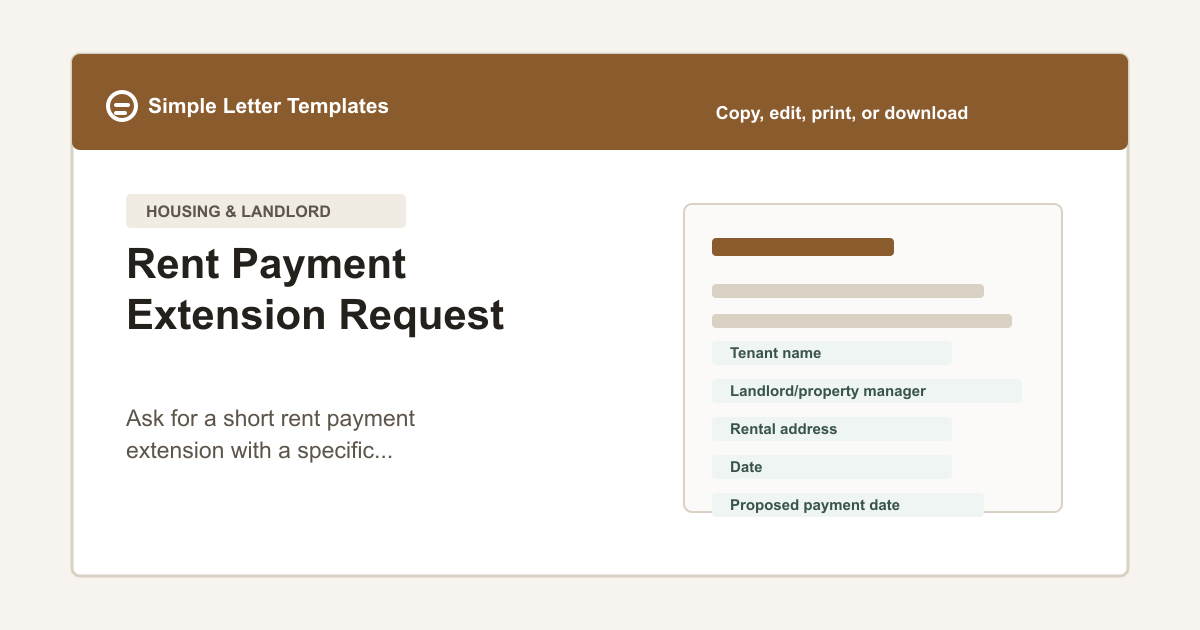 Rent Extension Request Letter template preview with rental address, payment date, extension request, and tenant contact fields