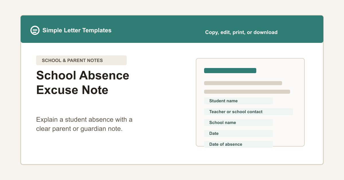 School Absence Excuse Note template preview with student name, absence date, reason, and parent contact fields