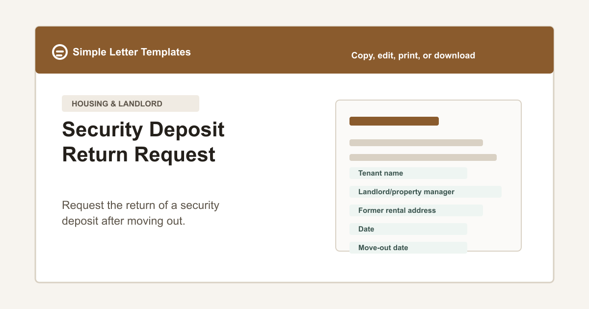 Security Deposit Return Request template preview with rental address, move-out date, forwarding address, and tenant contact fields