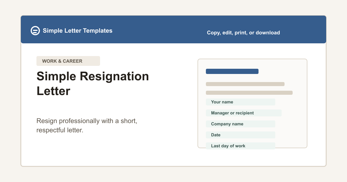 Simple Resignation Letter template preview with manager name, company name, final work day, and handoff note fields