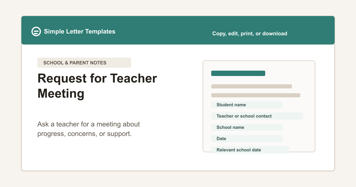 Teacher Meeting Request Email template preview with student name, meeting topic, preferred date, and parent contact fields
